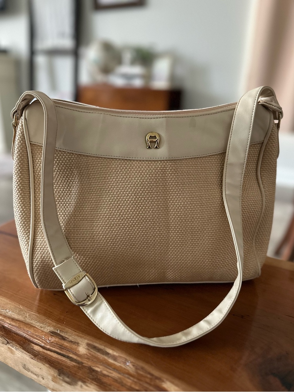 Vintage 1980s Etienne Aigner Beige Cream Woven Shoulder Bag with Gold Hardware